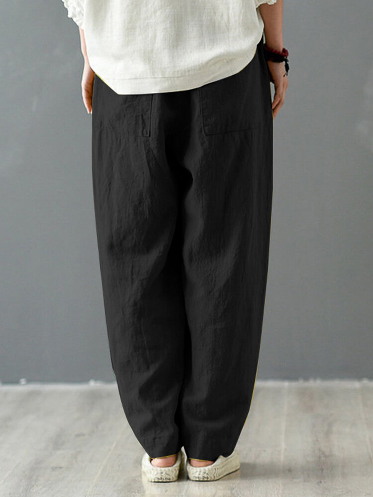 Solid Cotton Pocket Elastic Waist Casual Loose Pants