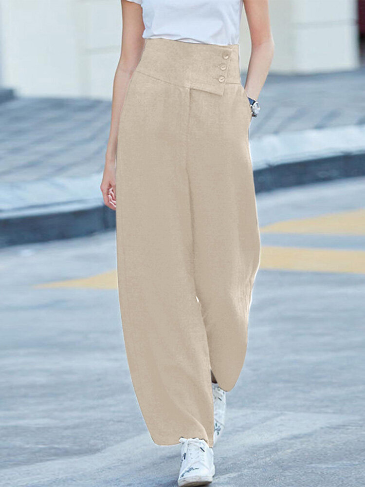 Solid Pocket Button Wide Leg High Waist Casual Pants