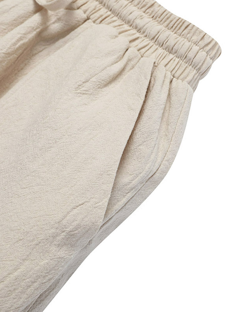 Solid Elastic Waist Drawstring Pocket Cotton Casual Pants