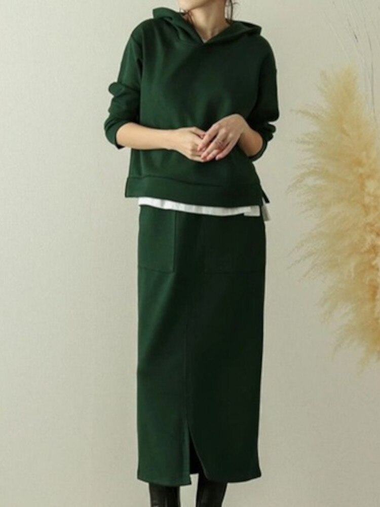 Women Sweatshirt Hooded Solid Side Pocket Calf Length Two  Piece Sets