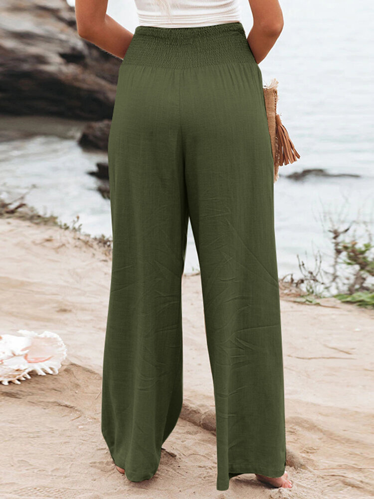 Leisure Solid Shirring Pocket Wide Leg Cotton Pants