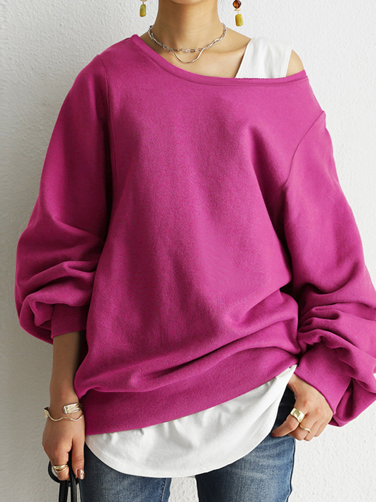 Women Puff Sleeve Solid Thick O  Neck Preppy Homely Sweatshirt
