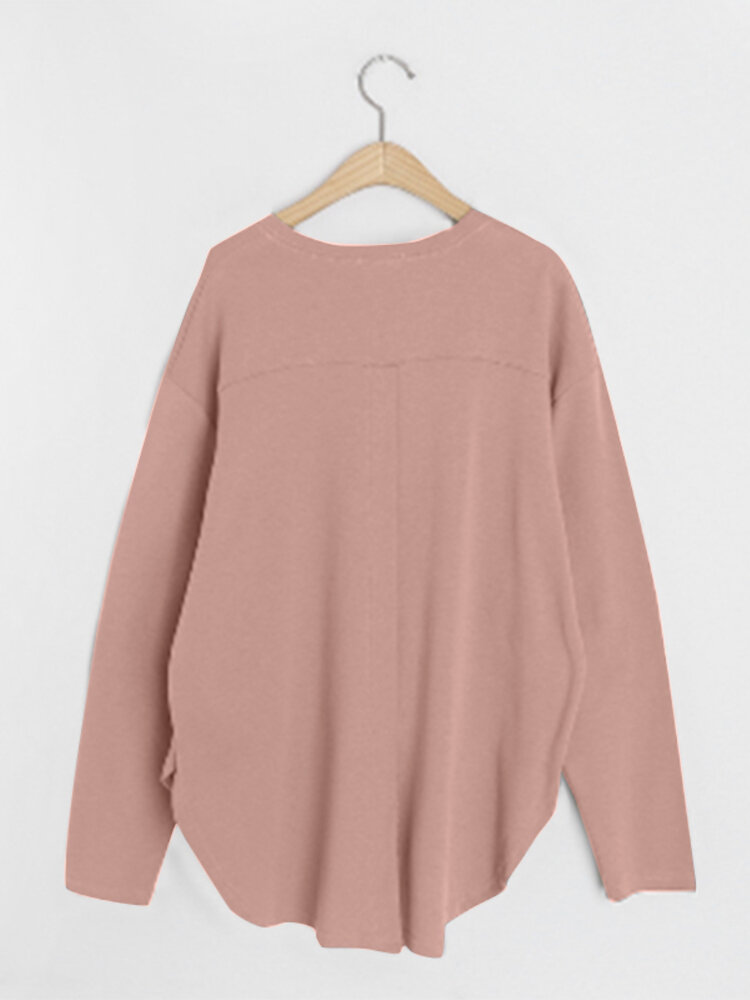 Women Long Sleeve Loose Solid Side Fork High Low Casual Pullover Sweatshirt