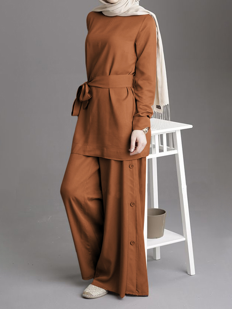 Women Solid Color Belted Blouse Button Loose Pants Two  Piece Casual Set