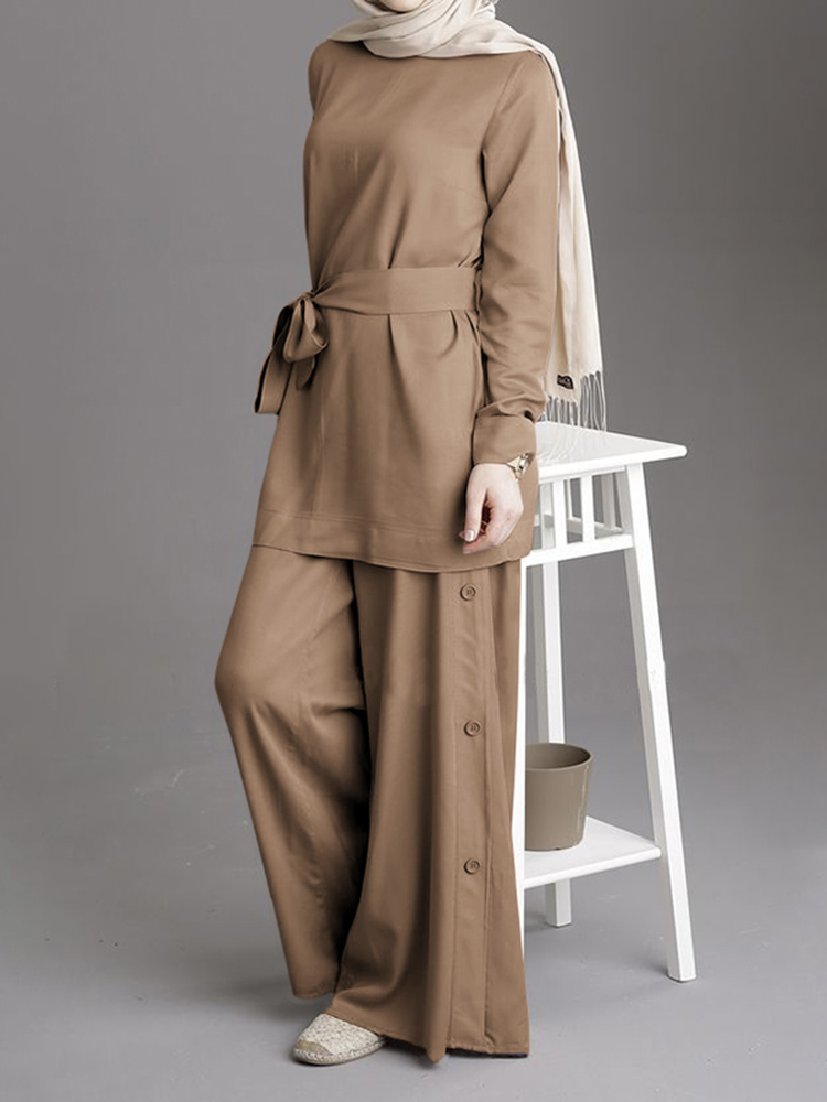 Women Solid Color Belted Blouse Button Loose Pants Two  Piece Casual Set