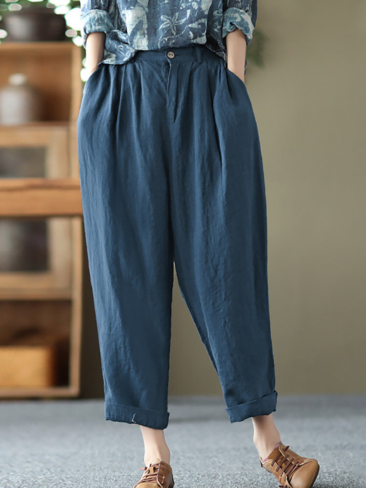 Leisure Solid Cotton Pocket Casual Cotton Pants
