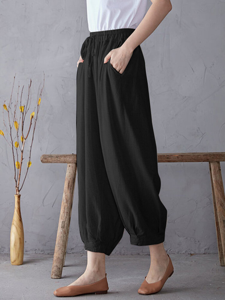 Solid Elastic Waist Drawstring Pocket Cotton Casual Pants