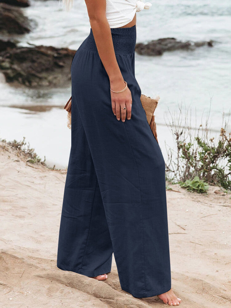 Leisure Solid Shirring Pocket Wide Leg Cotton Pants