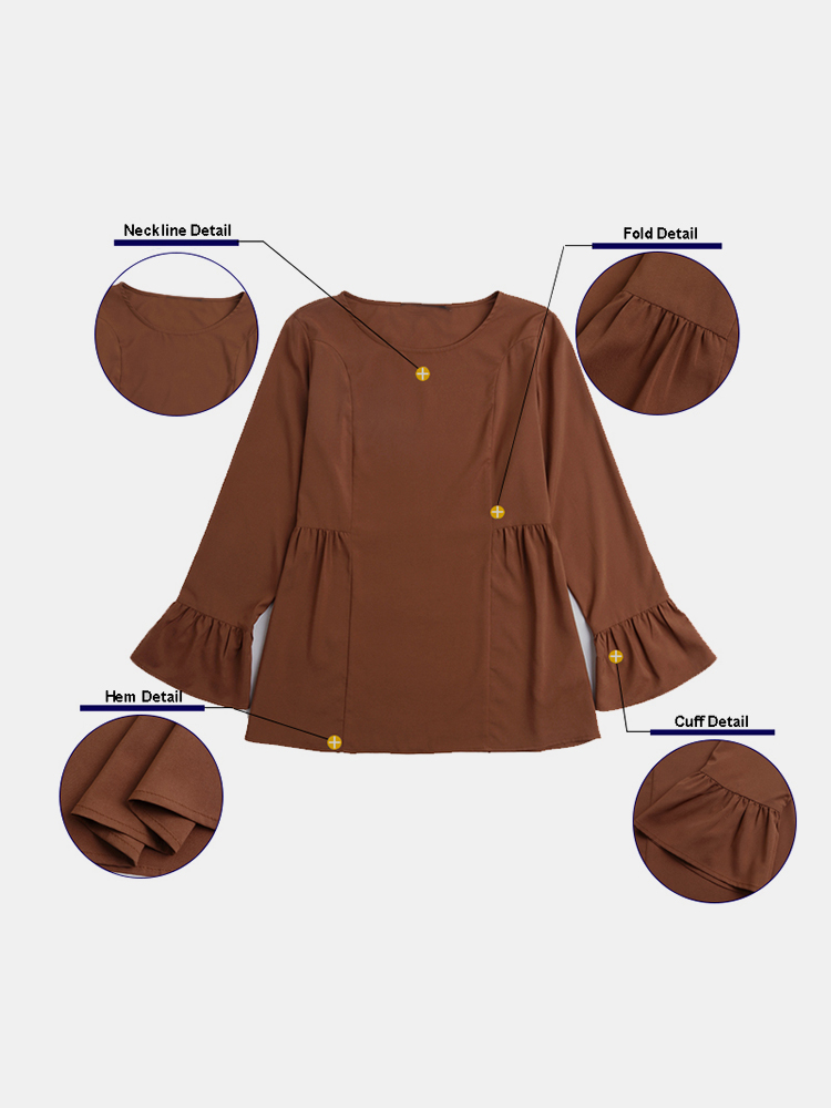 Women Solid Color Ruffle Hem Long Sleeve Top Loose Pants Casual Two  Piece Sets