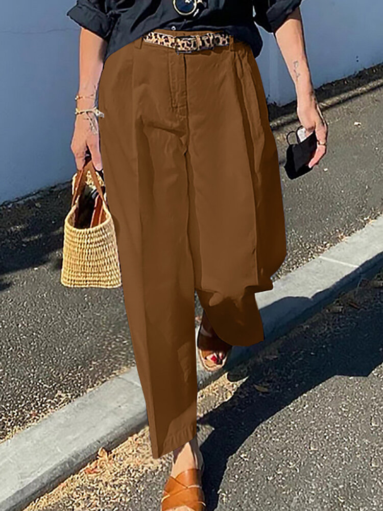 Women Zipper Pleated Commute Button Side Pocket Solid Casual Pants