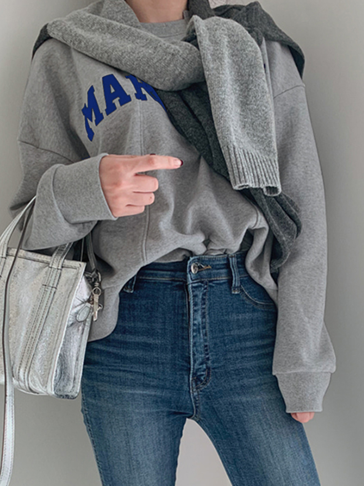 Women Solid Embroidery Words Casual Loose O  Neck Street Fashion Sweatshirt