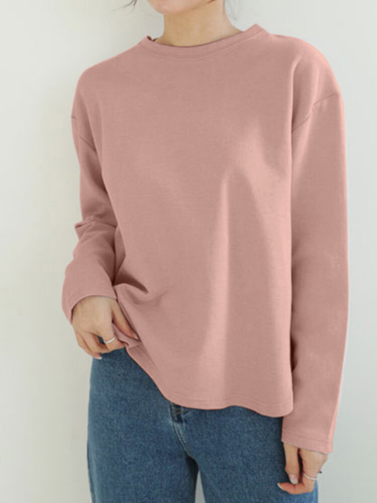 Women Long Sleeve Loose Solid Side Fork High Low Casual Pullover Sweatshirt