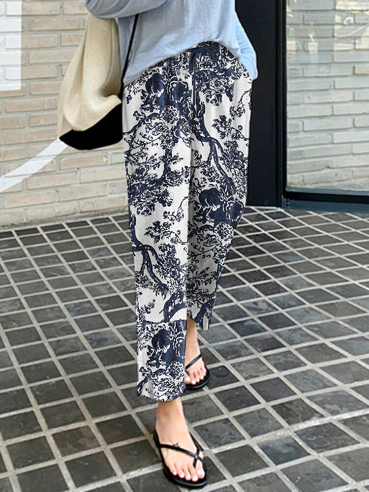 Women 100  Cotton Plants And Flowers Printing Maxi Length Pants