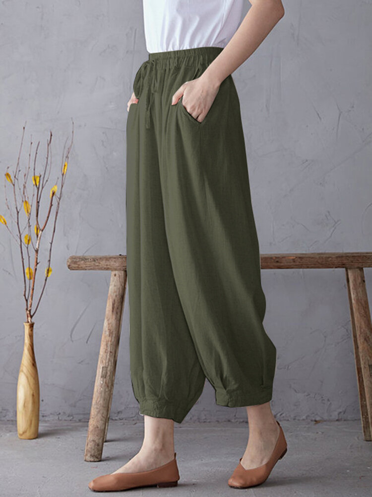 Solid Elastic Waist Drawstring Pocket Cotton Casual Pants