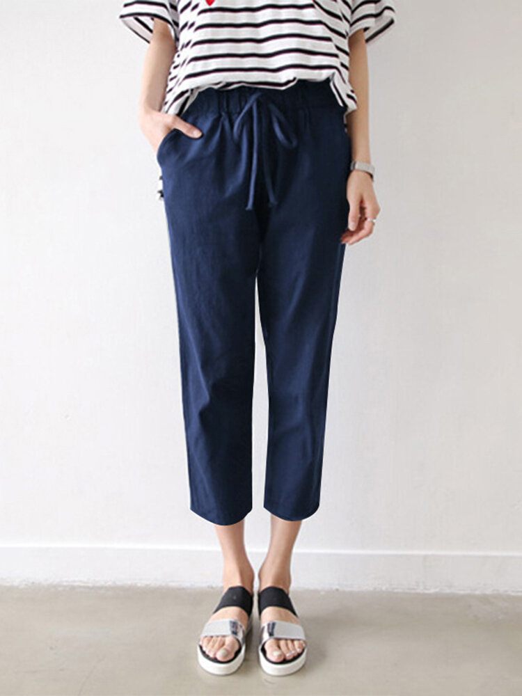 Leisure Solid Drawstring Pocket Cotton Casual Pants
