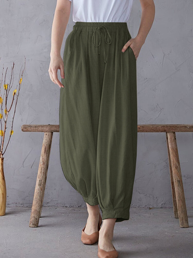 Solid Elastic Waist Drawstring Pocket Cotton Casual Pants