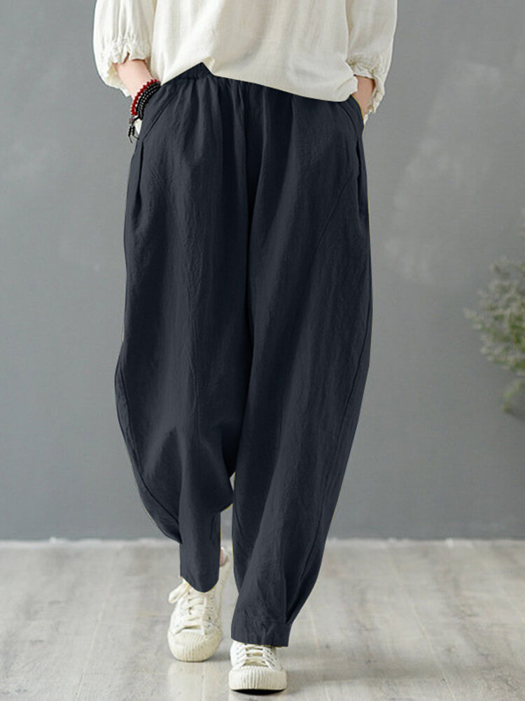 Solid Cotton Pocket Elastic Waist Casual Loose Pants