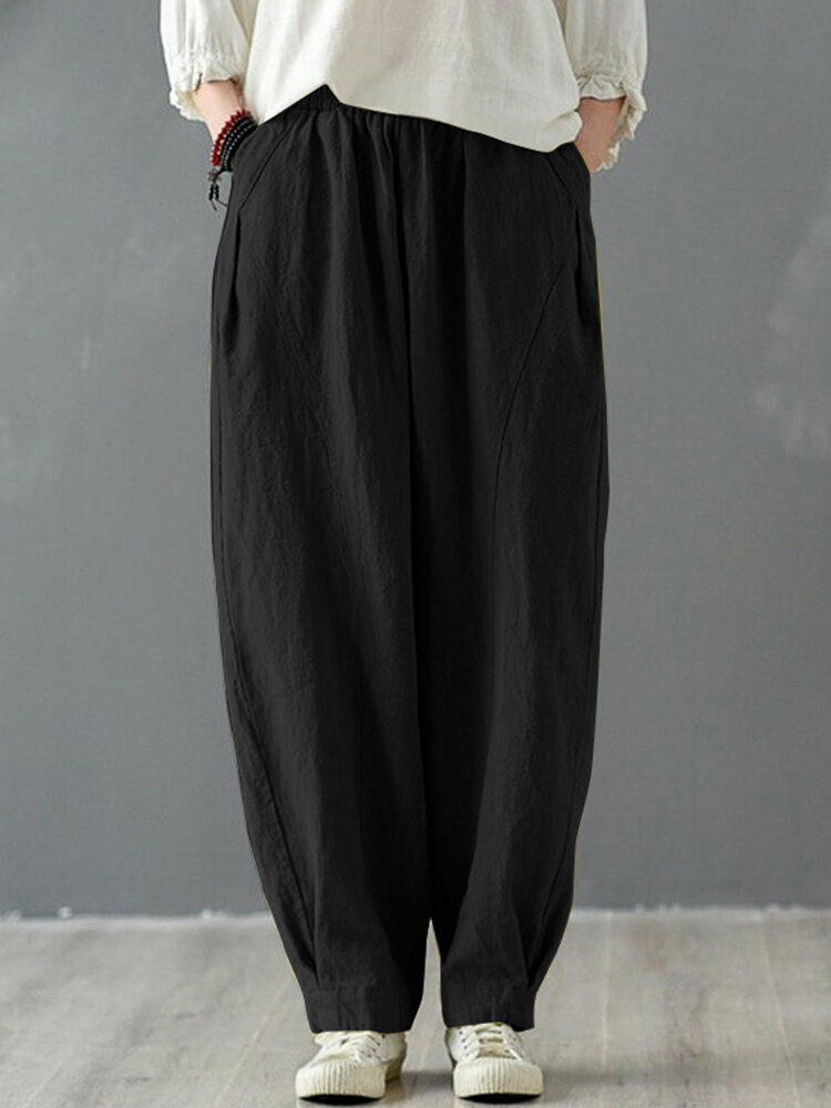 Solid Cotton Pocket Elastic Waist Casual Loose Pants