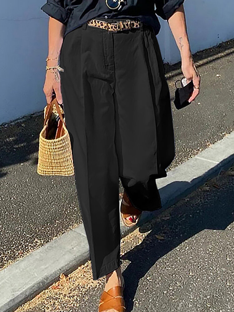 Women Zipper Pleated Commute Button Side Pocket Solid Casual Pants