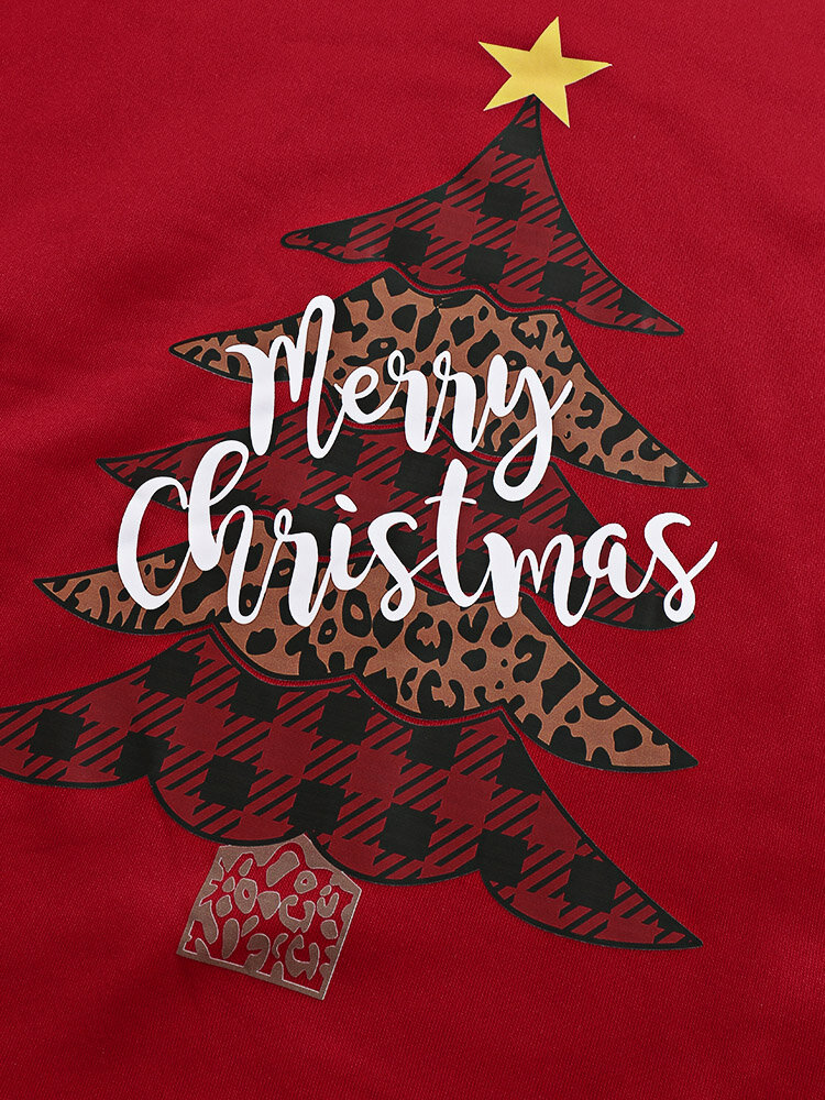 Women Christmas Tree Printed Letter Round Neck Casual Pullover Sweatshirt
