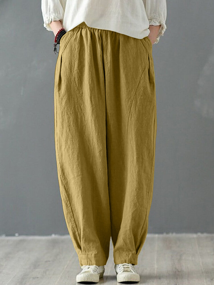 Solid Cotton Pocket Elastic Waist Casual Loose Pants
