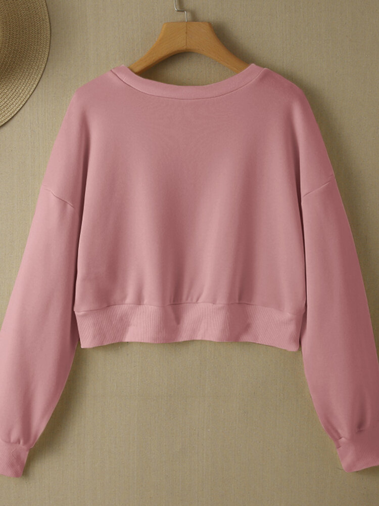 Women Long Sleeve Solid Round Necked Narrow Hem Pullover Sweatshirt