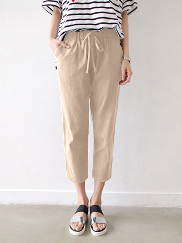 Leisure Solid Drawstring Pocket Cotton Casual Pants