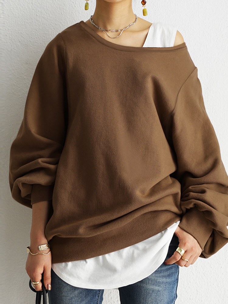 Women Puff Sleeve Solid Thick O  Neck Preppy Homely Sweatshirt