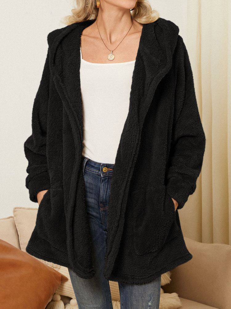 Women Plush Coat Open Front Side Pockets Casual Hooded Sweatshirt