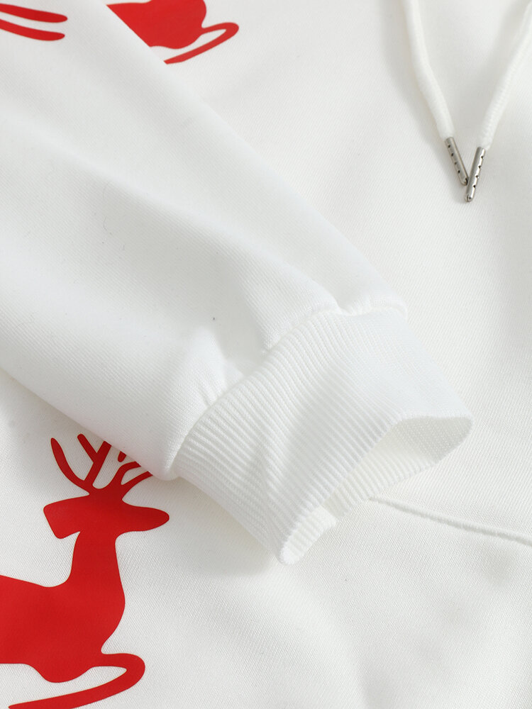 Women Christmas Printed Antler Fleece Thick Casual Hooded Sweatshirt