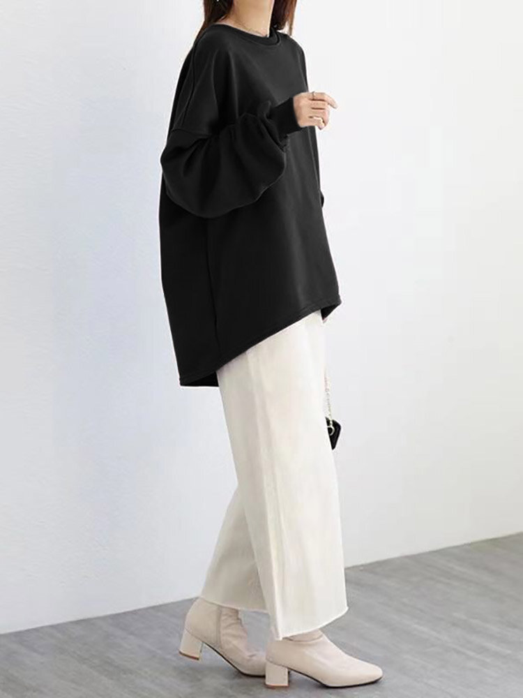 Women Loose Thick Back Fork High Low Solid Casual Pullover Sweatshirt
