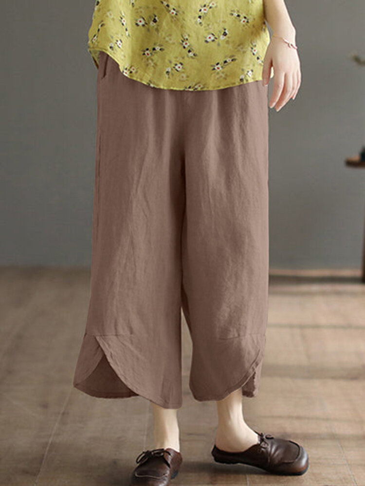 Solid Asymmetrical Hem Pocket Wide Leg Crop Pants