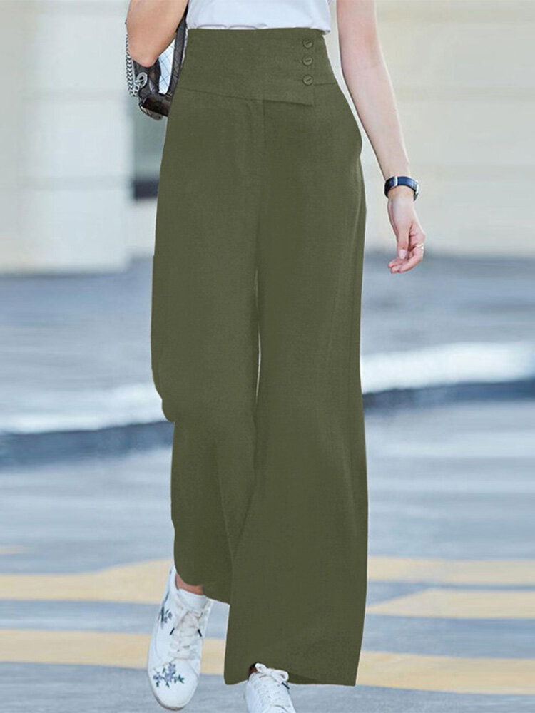 Solid Pocket Button Wide Leg High Waist Casual Pants