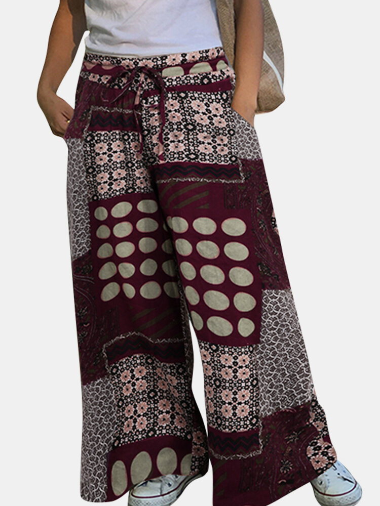 Printed Patchwork Wide  Legged Side Pockets Elastic Pants For Women