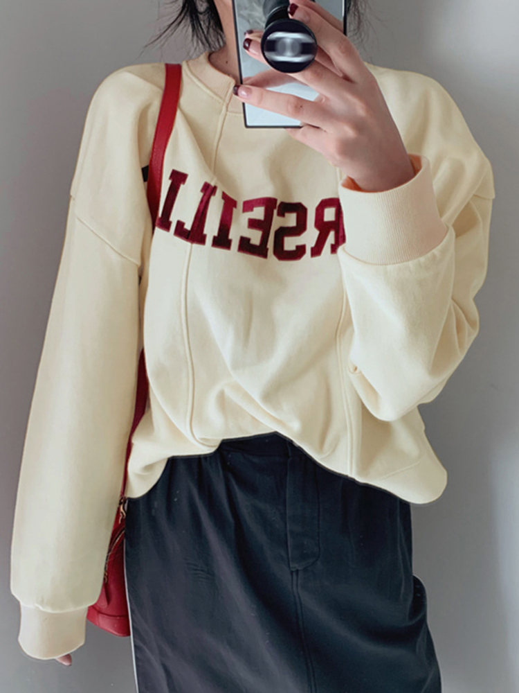 Women Solid Embroidery Words Casual Loose O  Neck Street Fashion Sweatshirt