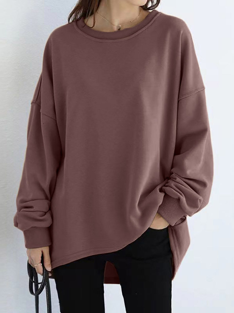 Women Loose Thick Back Fork High Low Solid Casual Pullover Sweatshirt