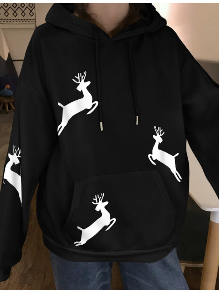 Women Christmas Printed Antler Fleece Thick Casual Hooded Sweatshirt