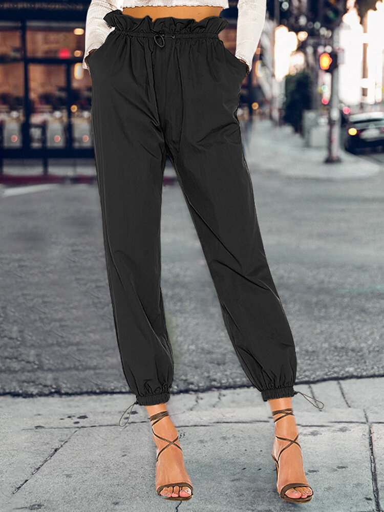 Solid Color Drawstring High Waist Elastic Casual Pants With Pockets
