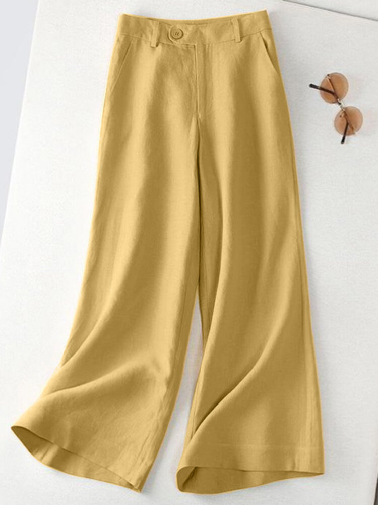 Leisure Solid Button Pocket Wide Leg Cotton Pants