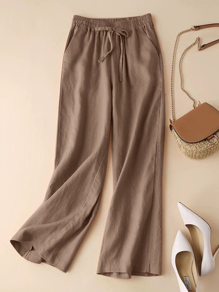 Solid Drawstring Pocket Elastic Waist Casual Pants