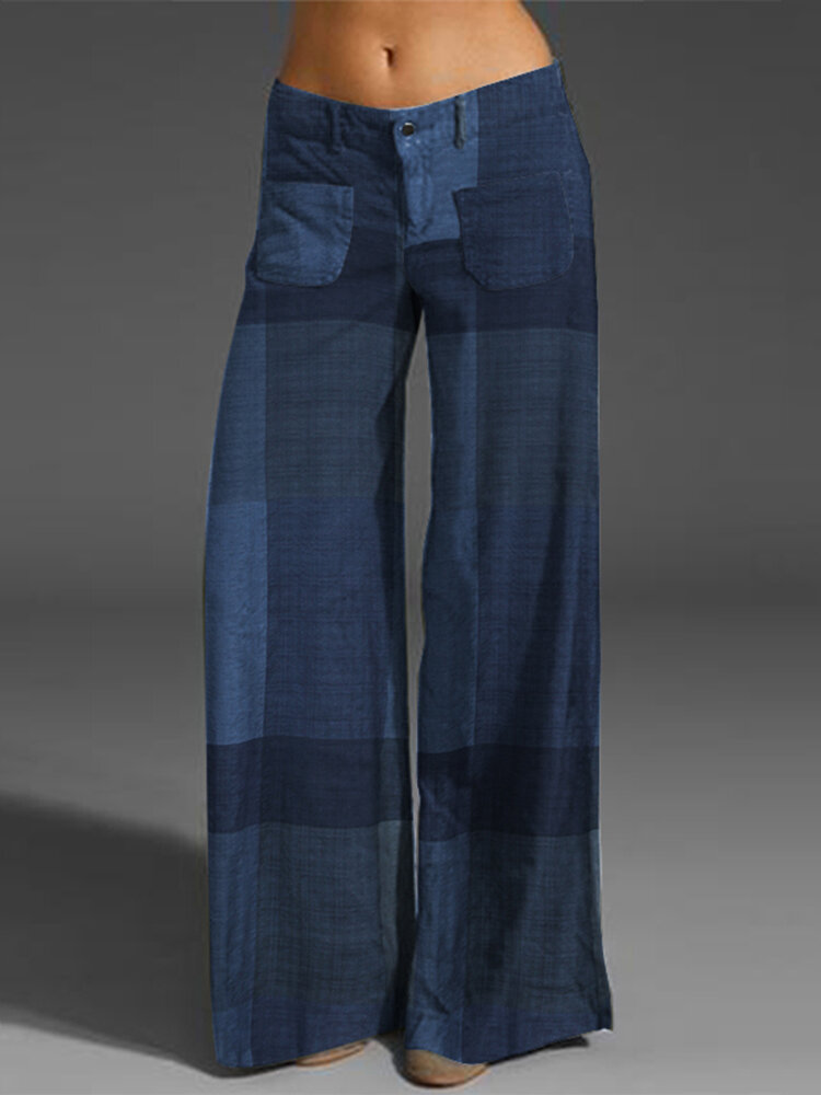 Check Print Pocket Zipper Button Pants For Women