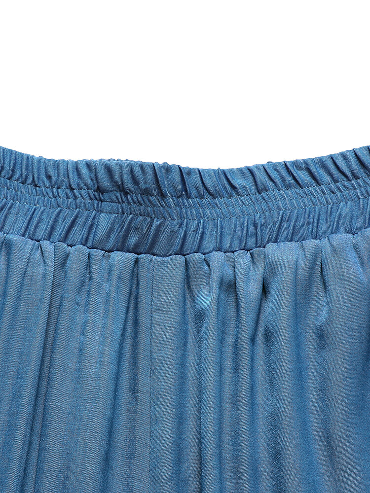 Leisure Solid Ruffle Wide Leg Pocket Pants