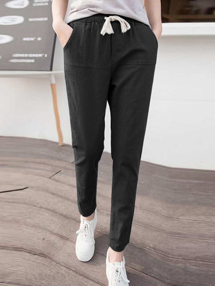 Solid Pocket Drawstring Elastic Waist Casual Tapered Pants