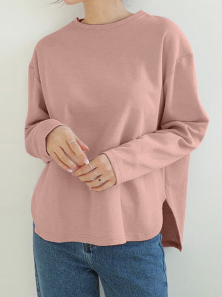 Women Long Sleeve Loose Solid Side Fork High Low Casual Pullover Sweatshirt