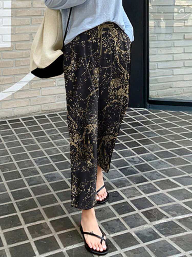Women 100  Cotton Plants And Flowers Printing Maxi Length Pants