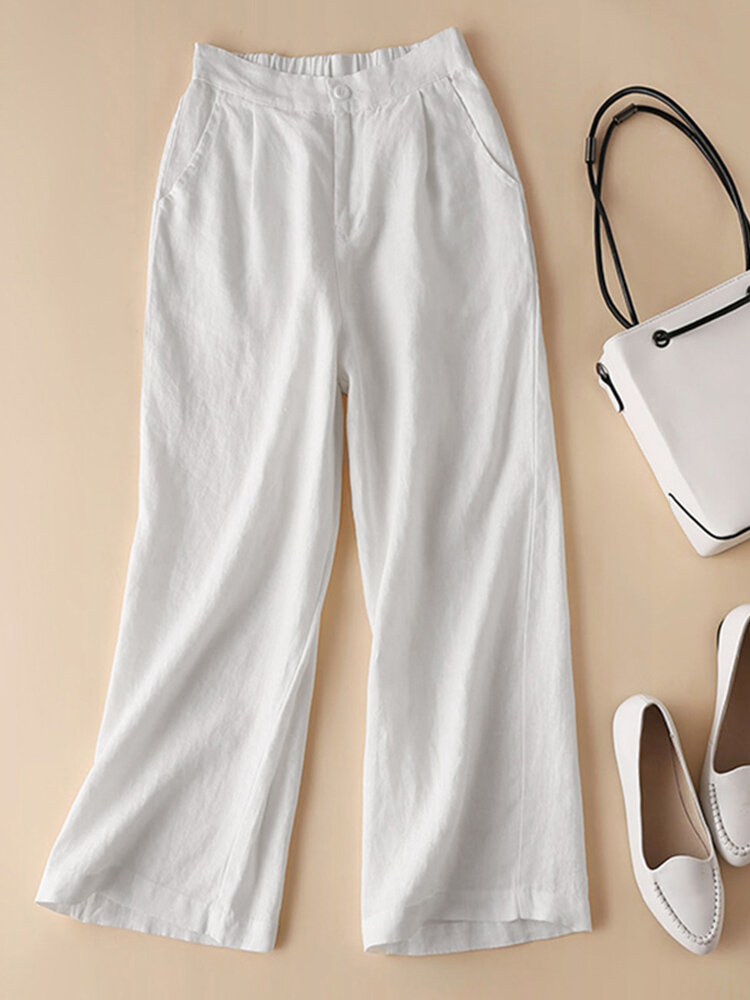 Solid Elastic Waist Pocket Button Wide Leg Pants