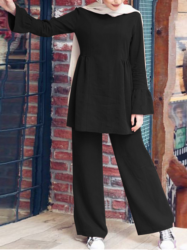 Women Solid Color Ruffle Hem Long Sleeve Top Loose Pants Casual Two  Piece Sets