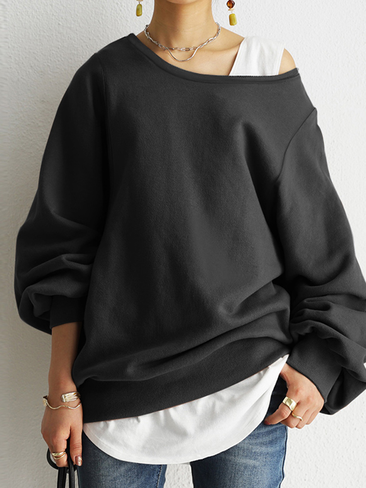 Women Puff Sleeve Solid Thick O  Neck Preppy Homely Sweatshirt