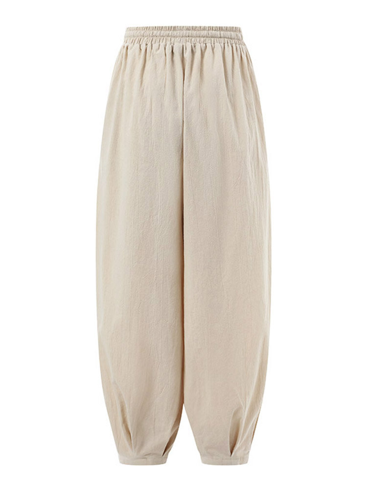 Solid Elastic Waist Drawstring Pocket Cotton Casual Pants