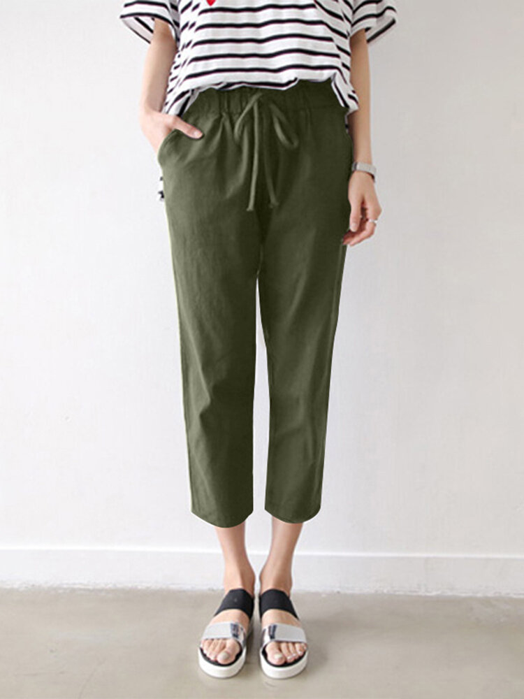 Leisure Solid Drawstring Pocket Cotton Casual Pants